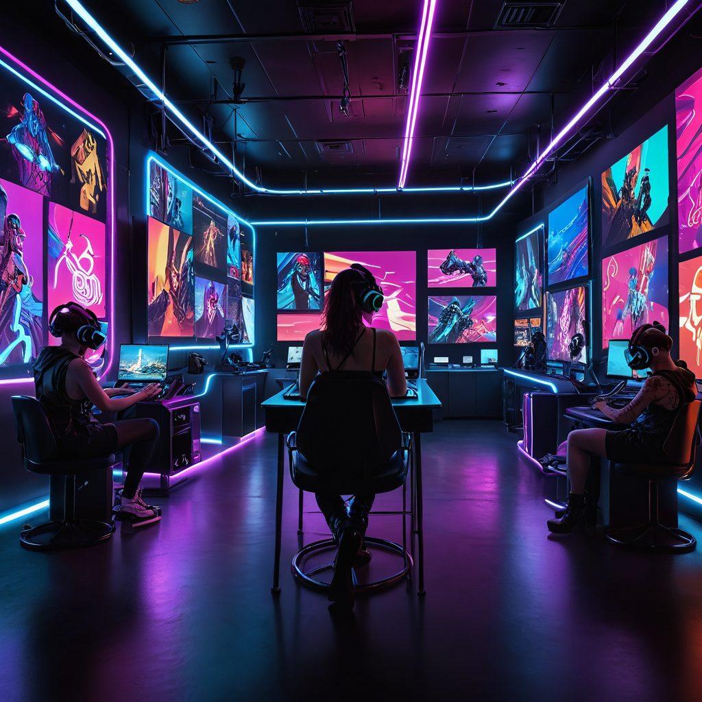 A mesmerizing digital landscape depicting a vibrant online scene with diverse individuals enjoying adult content streaming on various devices, highlighted by bright neon colors and abstract shapes. In the background, a fusion of technology and sensuality, illustrating trends like VR headsets and immersive screens. The atmosphere is inviting, modern, and playful, reflecting the transformations in the adult entertainment industry. Bold and engaging aesthetic. cyberpunk. vibrant colors. 3D.