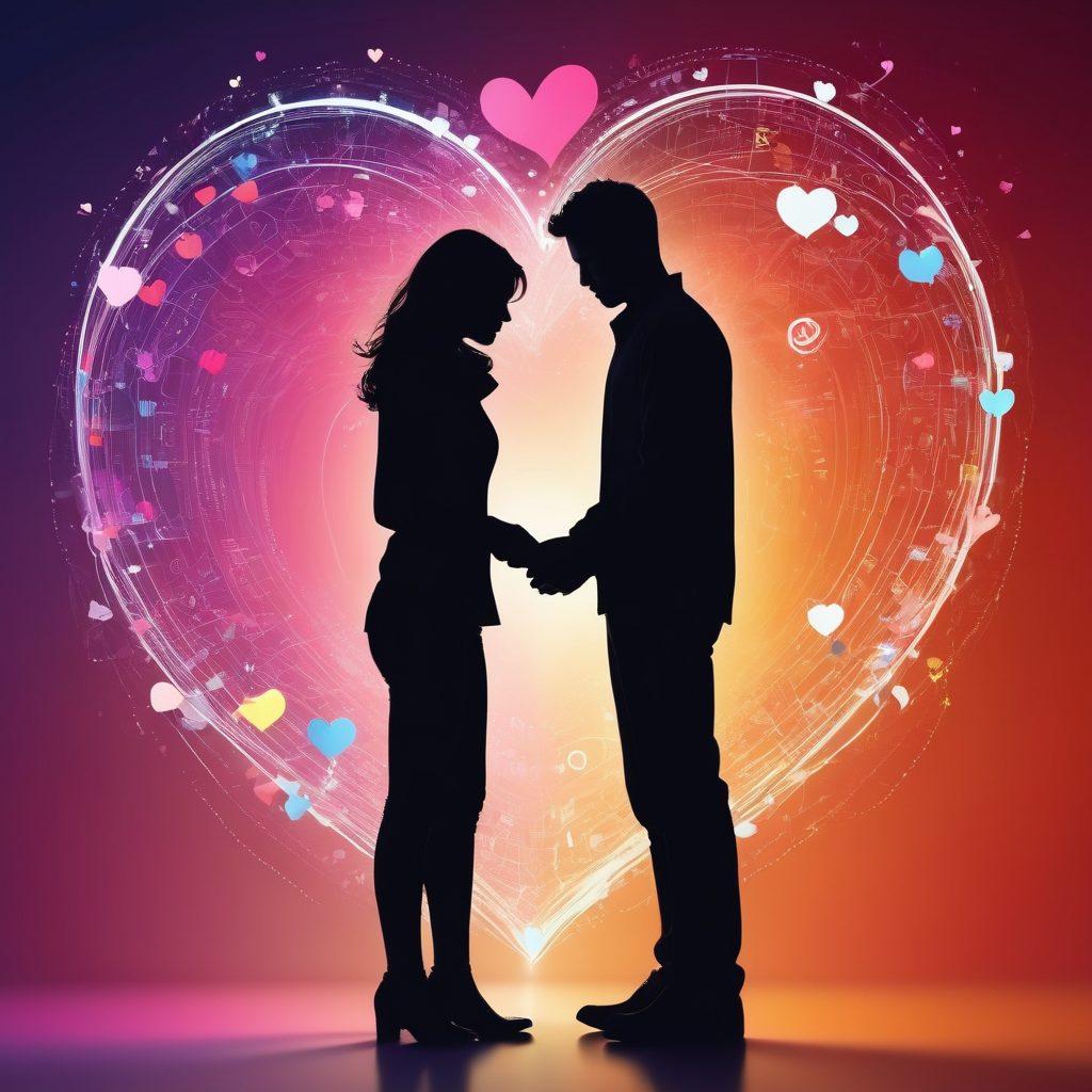 A modern abstract representation of intimacy, featuring intertwined silhouettes of diverse couples engaging with digital screens, surrounded by swirling lines of technology symbols like hearts and wifi signals. The background should blend soft and warm tones to evoke emotion, while hints of binary code subtly flow through. Add elements of virtual environments, like chat bubbles and digital flowers. Painting. vibrant colors.